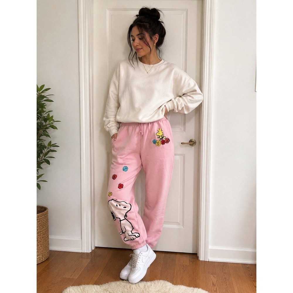 NWT Peanuts Snoopy Woodstock Chenille Jogger Sweatpants Pink Women's Size Large - Picture 8 of 8